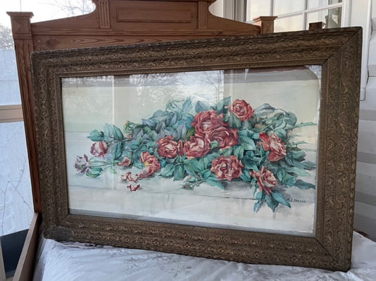 Antique Watercolor Roses in Antique Gold Leaf Frame!